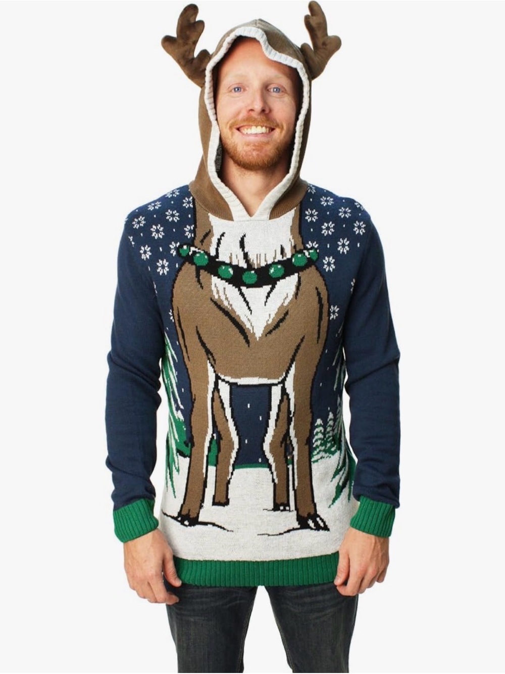 Ugly Christmas Sweater Men's Hooded Reindeer Sweater NWT